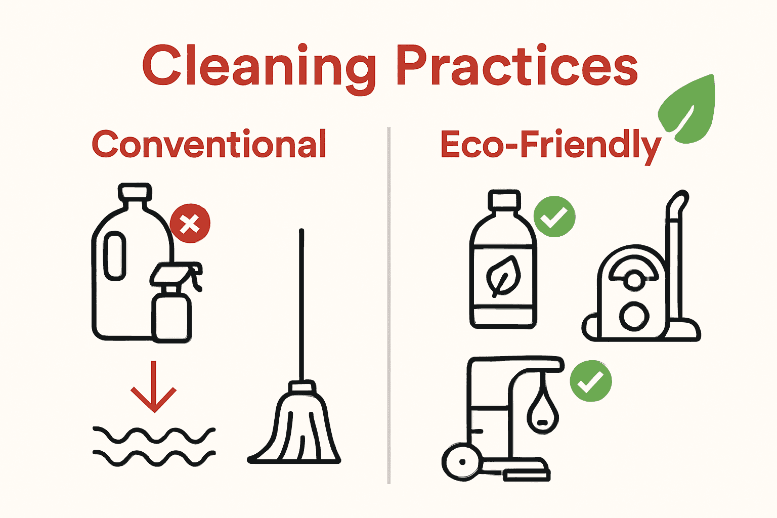 Infographic comparing green and conventional cleaning approaches.